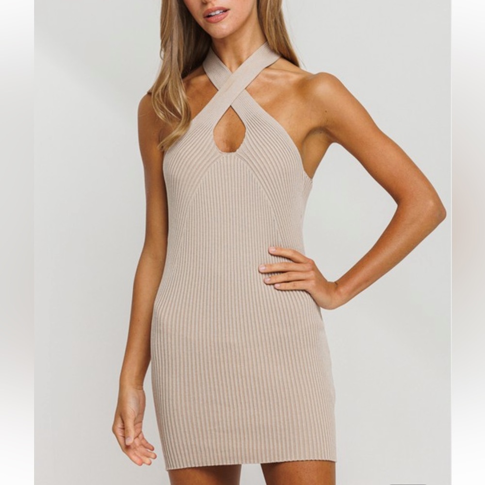 Taupe Criss Cross Halter Knit Mini Dress